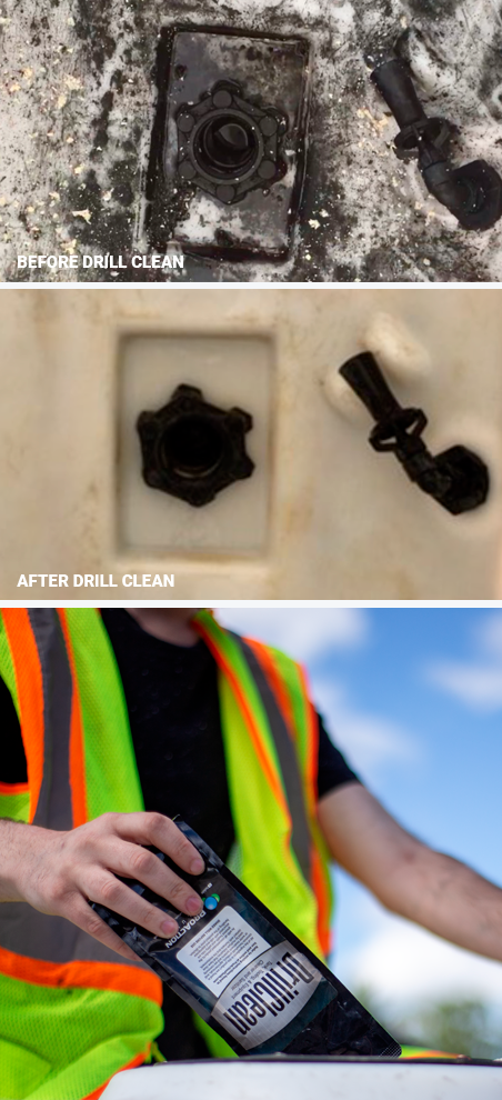 HDD fluids and additives on a horizontal directional drilling job site show before and after photo.